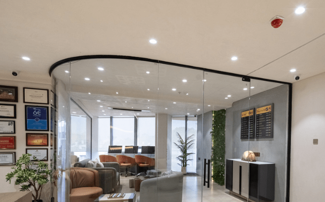 Professional architectural and interior photography of a modern office space with balanced composition