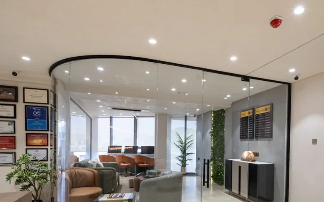 Professional architectural and interior photography of a modern office space with balanced composition