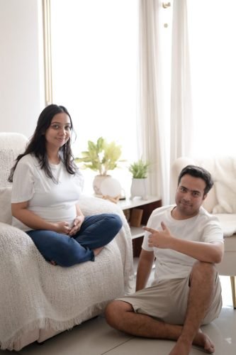 Mom-to-be in a designer gown for maternity photoshoot in Pune.